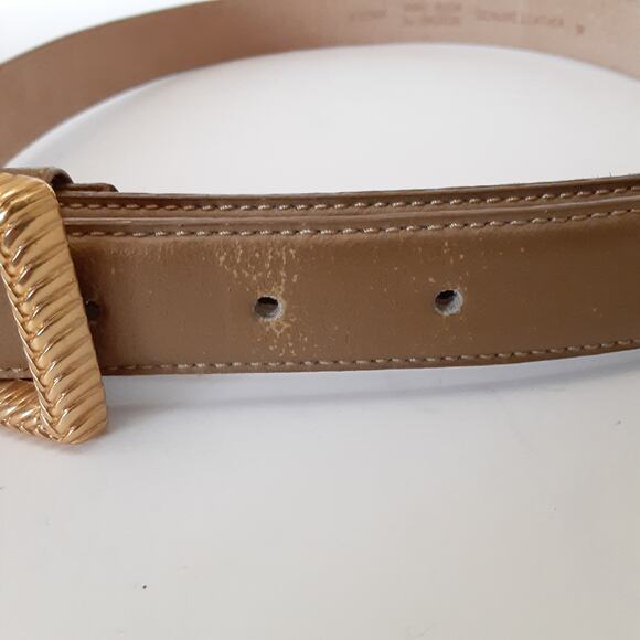 Vintage 80s Genuine Leather Belt Gold Metallic Rectangle Braided Buckle Womens M - Picture 4 of 7